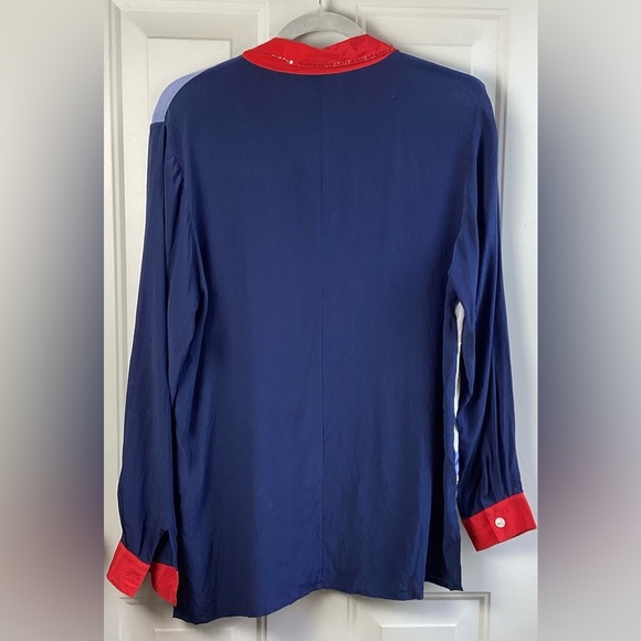 Quaker factory Silk Blue Red embroidered Sequin lighthouse sailboat button-up M - Picture 7 of 9